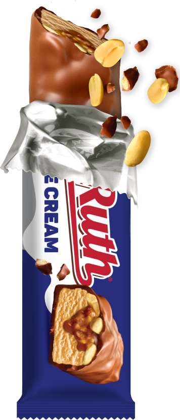 Baby Ruth Ice Cream Bar partially unwrapped with a bite taken out and pieces flying