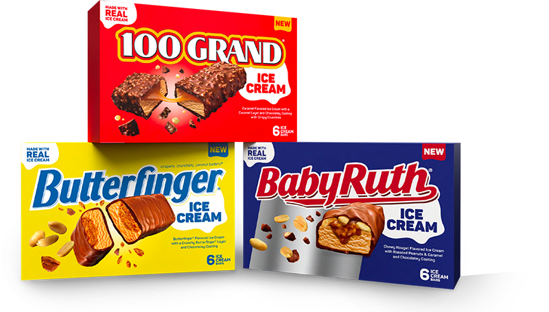 Boxes of Butterfinger, Baby Ruth, and 100 Grand Ice Cream Bars